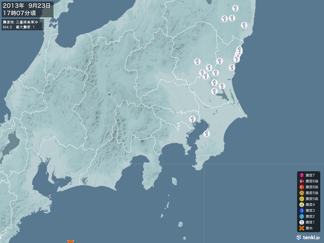 地震情報 2013年09月23日 17時07分頃発生 最大震度：1 震源地：三重県南東沖(拡大画像)