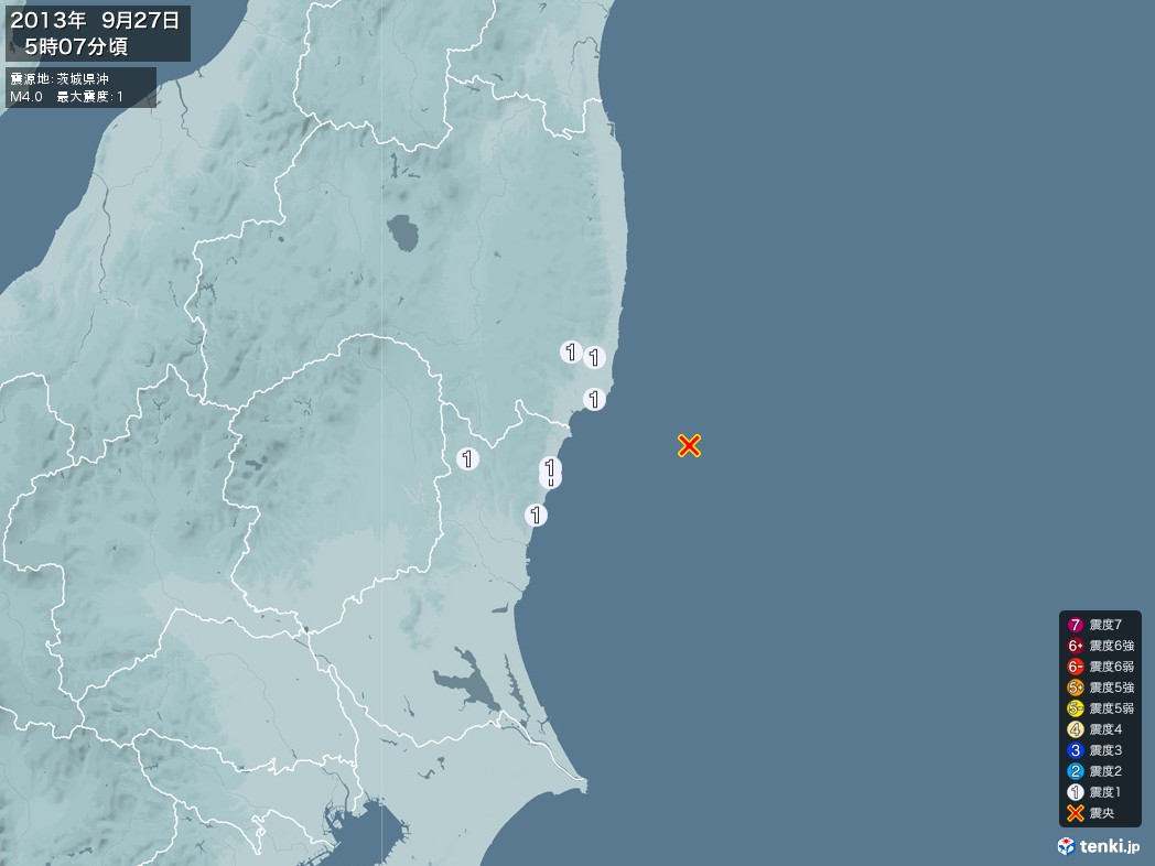 地震情報 2013年09月27日 05時07分頃発生 最大震度：1 震源地：茨城県沖(拡大画像)
