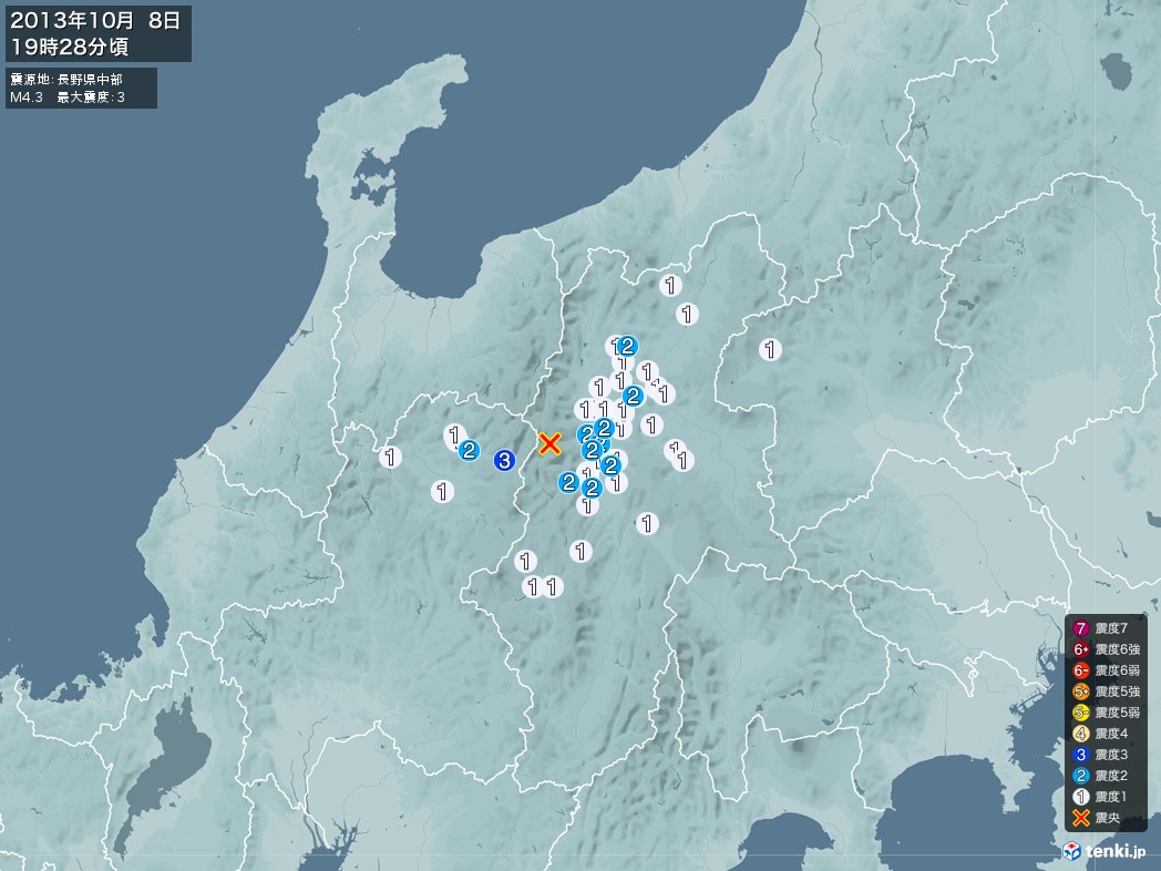 地震情報 2013年10月08日 19時28分頃発生 最大震度：3 震源地：長野県中部(拡大画像)