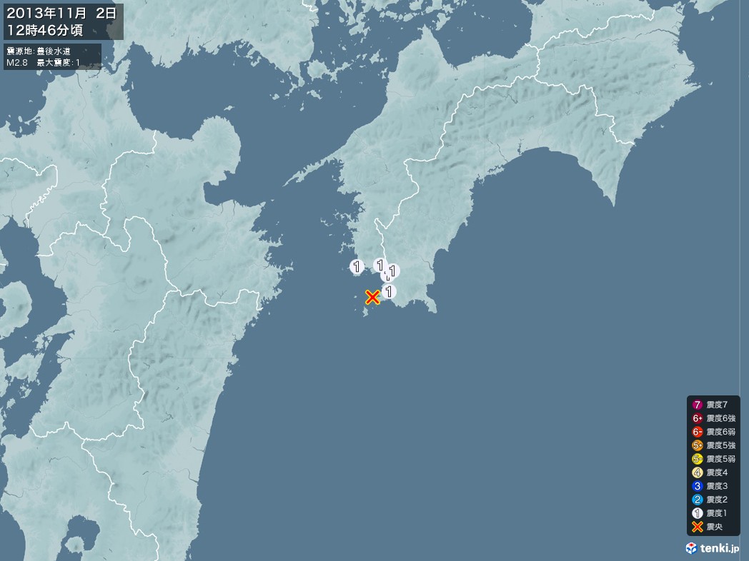 地震情報 2013年11月02日 12時46分頃発生 最大震度：1 震源地：豊後水道(拡大画像)