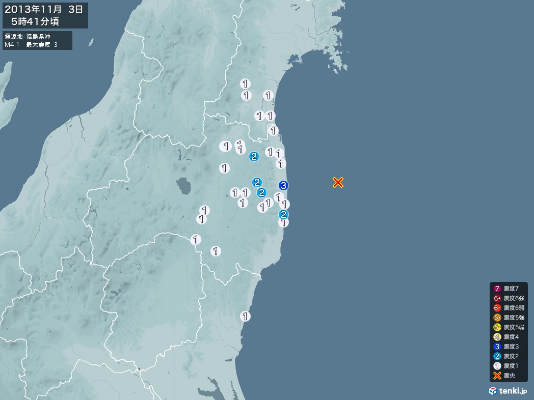地震情報 2013年11月03日 05時41分頃発生 最大震度：3 震源地：福島県沖(拡大画像)