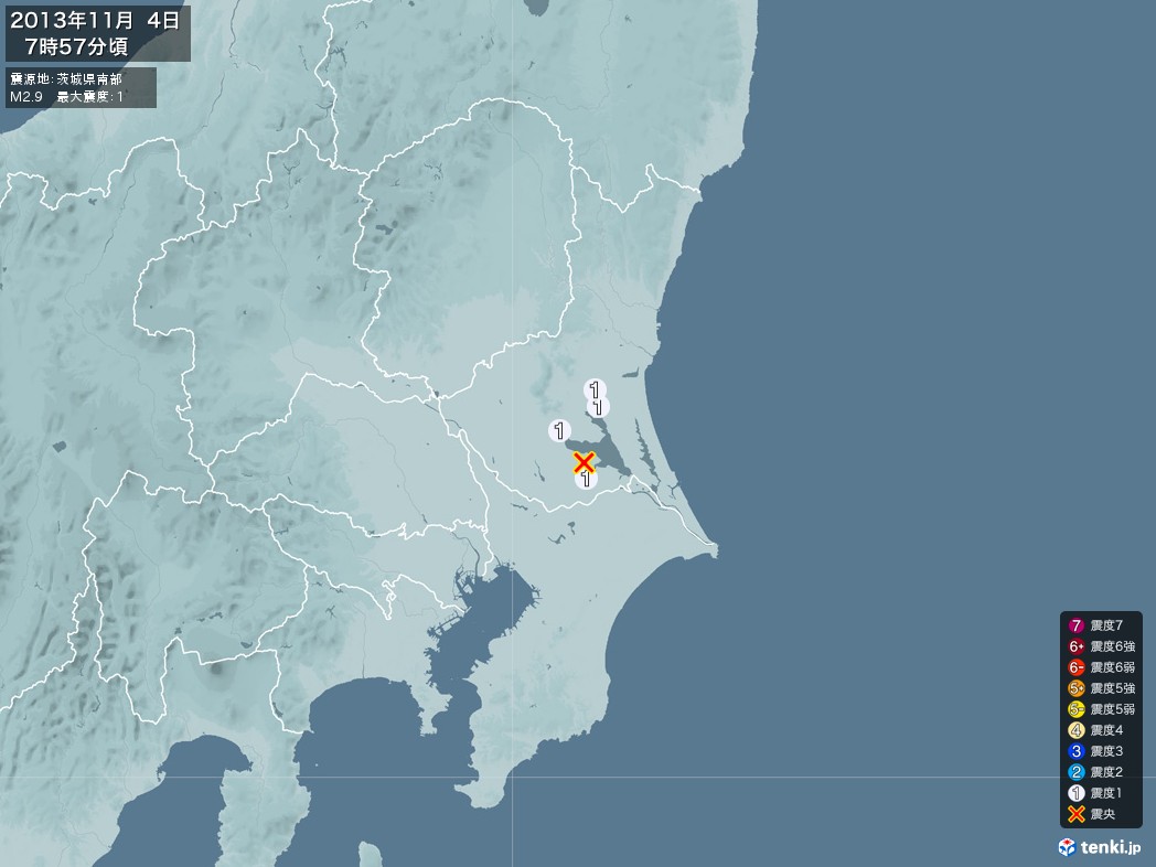地震情報 2013年11月04日 07時57分頃発生 最大震度：1 震源地：茨城県南部(拡大画像)
