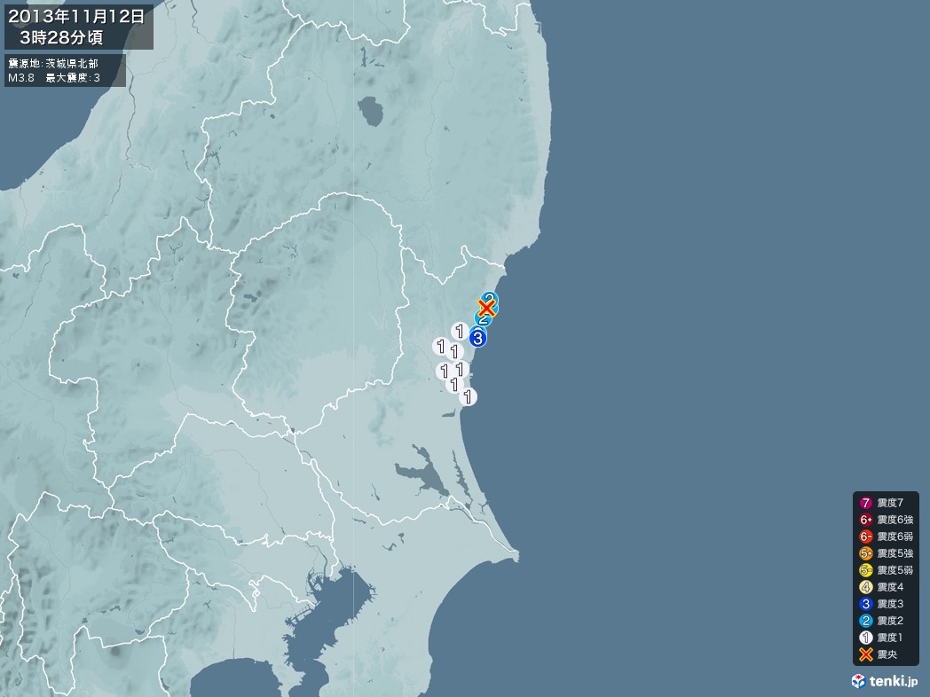地震情報 2013年11月12日 03時28分頃発生 最大震度：3 震源地：茨城県北部(拡大画像)