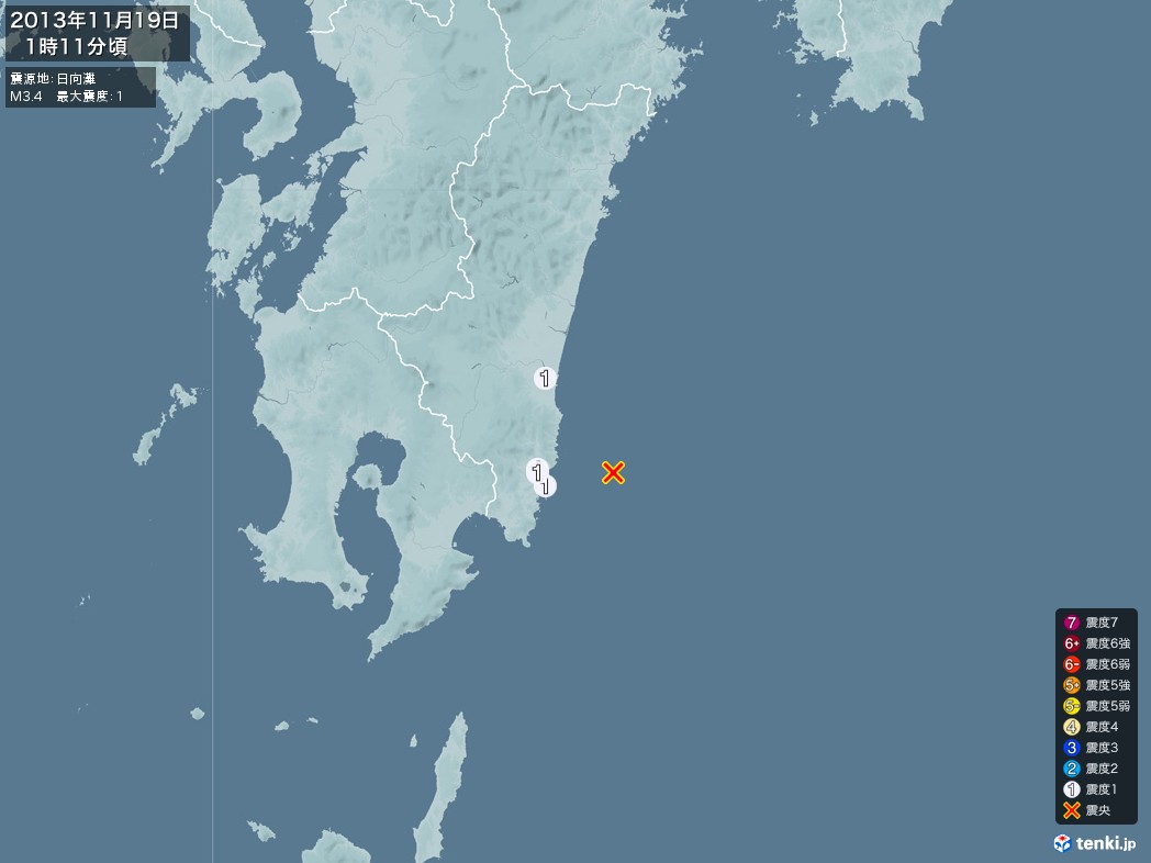 地震情報 2013年11月19日 01時11分頃発生 最大震度：1 震源地：日向灘(拡大画像)