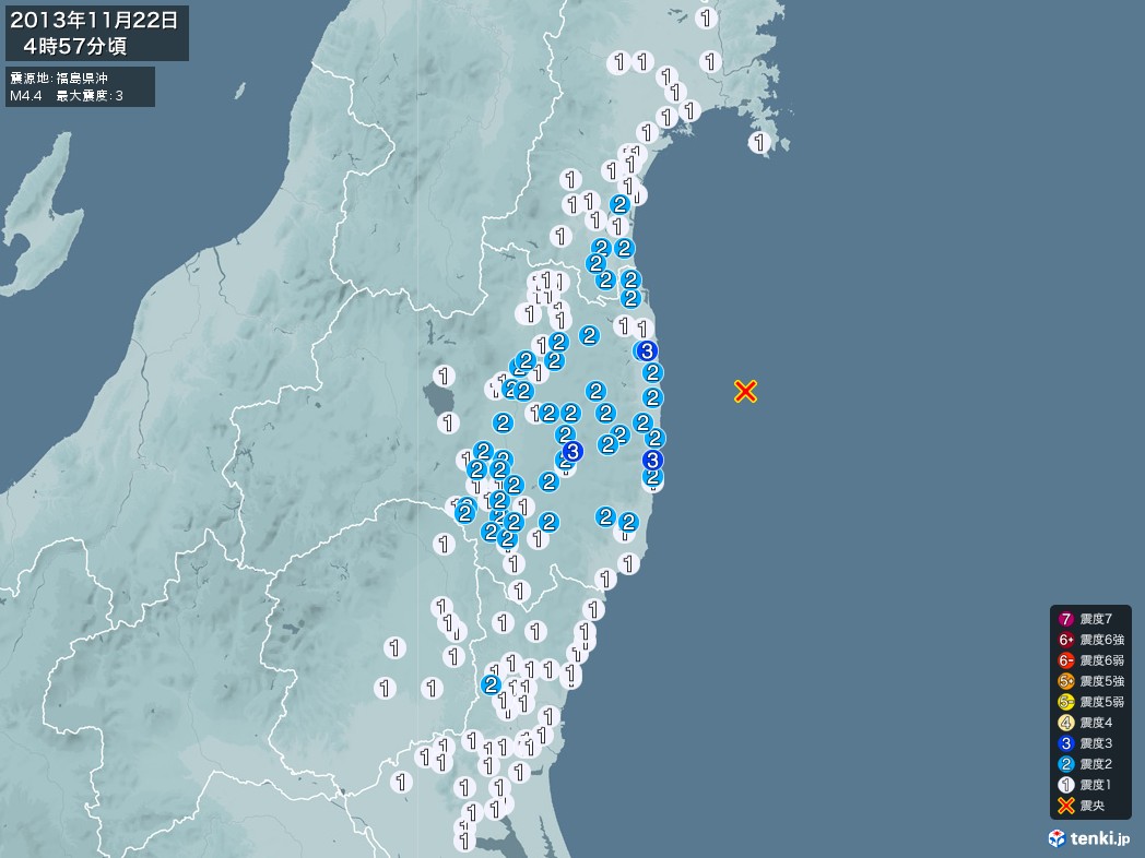 地震情報 2013年11月22日 04時57分頃発生 最大震度：3 震源地：福島県沖(拡大画像)