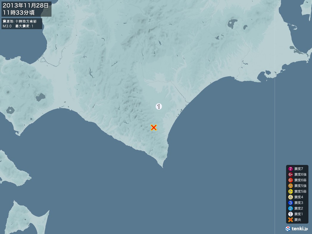 地震情報 2013年11月28日 11時33分頃発生 最大震度：1 震源地：十勝地方南部(拡大画像)