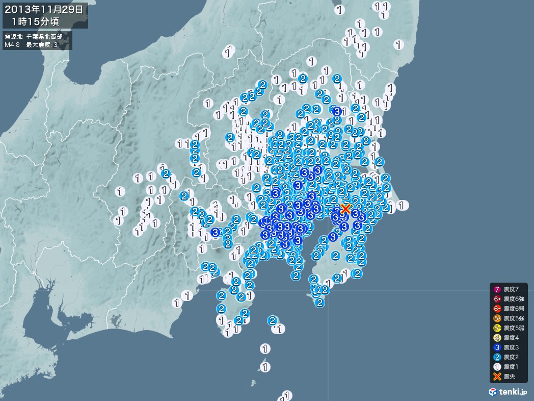 地震情報 2013年11月29日 01時15分頃発生 最大震度：3 震源地：千葉県北西部(拡大画像)