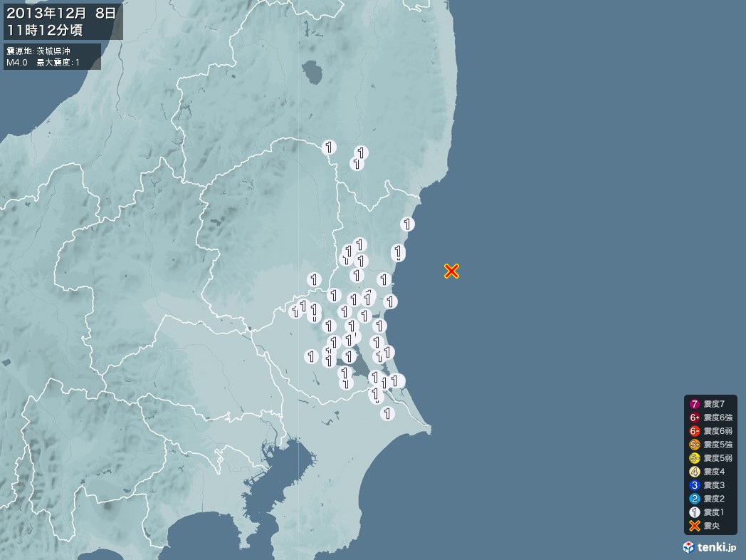 地震情報 2013年12月08日 11時12分頃発生 最大震度：1 震源地：茨城県沖(拡大画像)