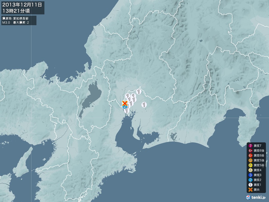 地震情報 2013年12月11日 13時21分頃発生 最大震度：2 震源地：愛知県西部(拡大画像)
