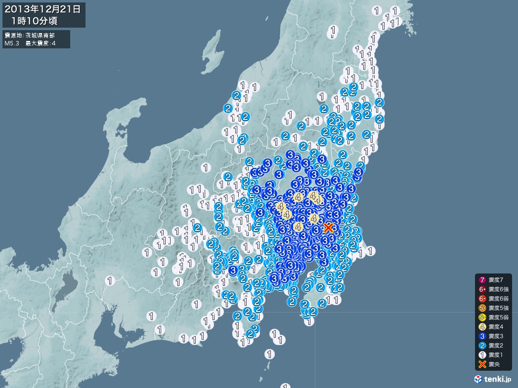 地震情報 2013年12月21日 01時10分頃発生 最大震度：4 震源地：茨城県南部(拡大画像)