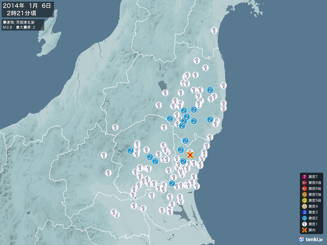 地震情報 2014年01月06日 02時21分頃発生 最大震度：2 震源地：茨城県北部(拡大画像)