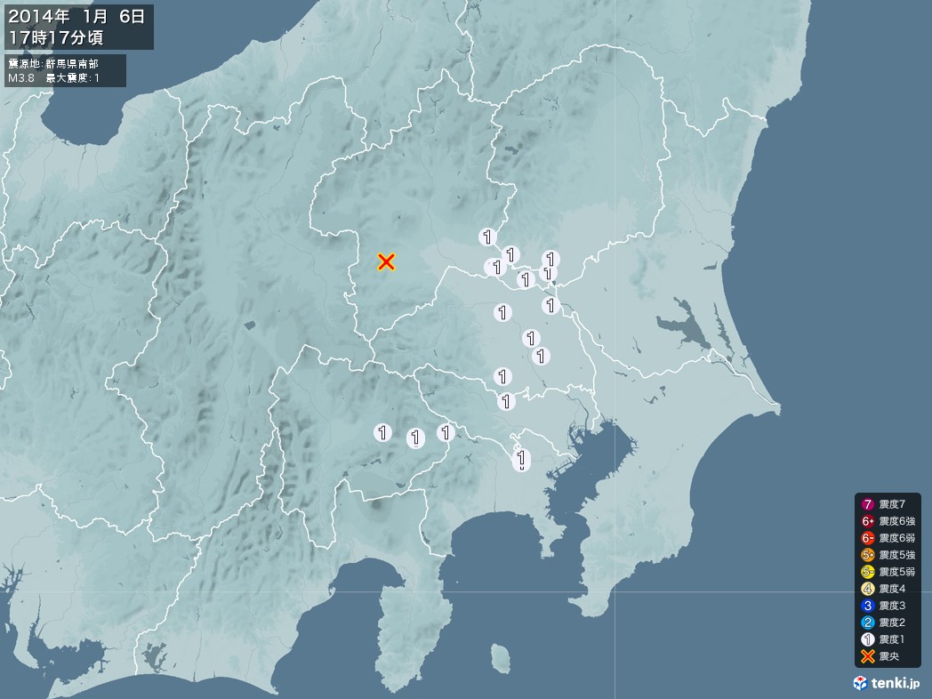 地震情報 2014年01月06日 17時17分頃発生 最大震度：1 震源地：群馬県南部(拡大画像)