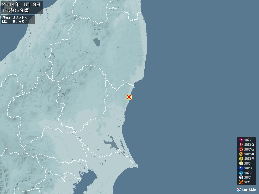 地震情報 2014年01月09日 10時05分頃発生 最大震度：1 震源地：茨城県北部(拡大画像)