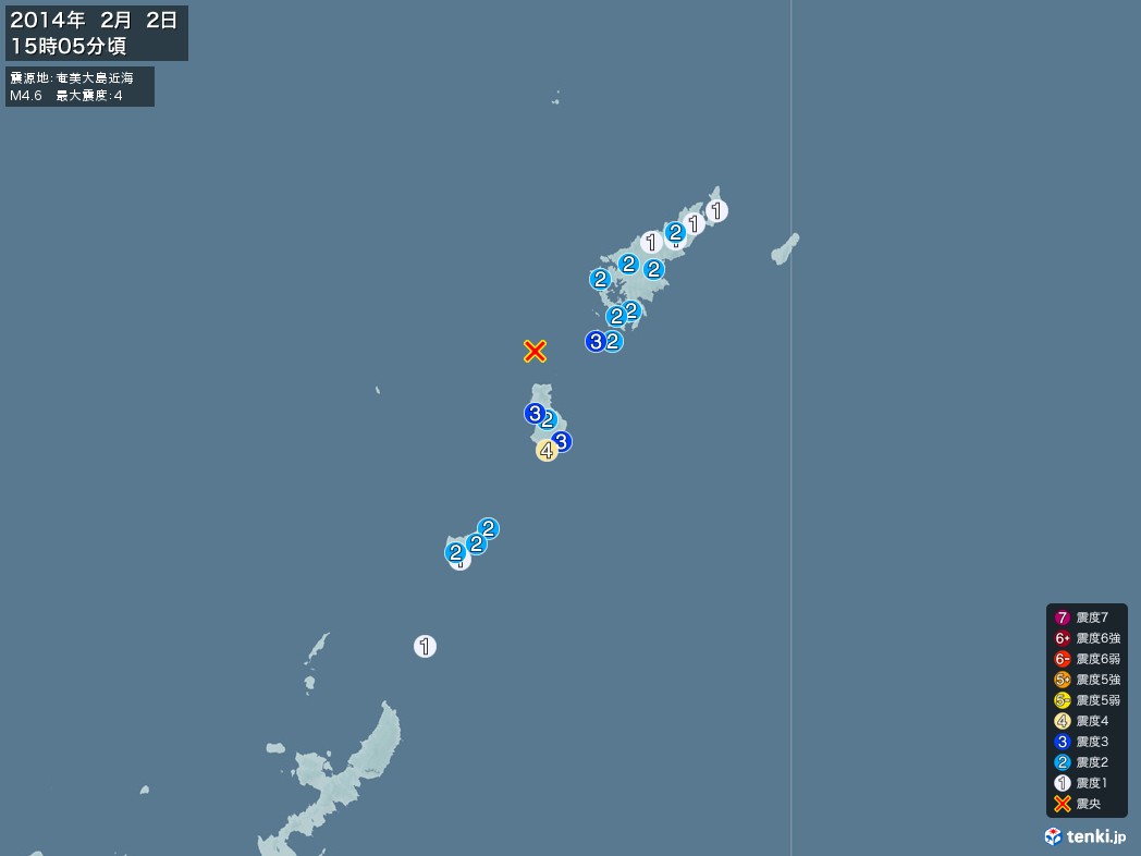 地震情報 2014年02月02日 15時05分頃発生 最大震度：4 震源地：奄美大島近海(拡大画像)