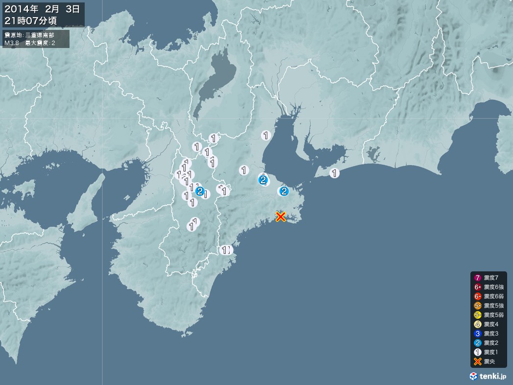 地震情報 2014年02月03日 21時07分頃発生 最大震度：2 震源地：三重県南部(拡大画像)