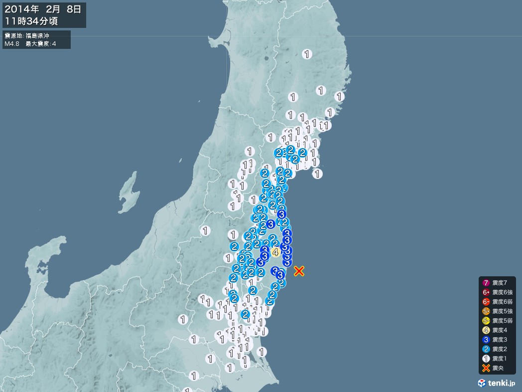 地震情報 2014年02月08日 11時34分頃発生 最大震度：4 震源地：福島県沖(拡大画像)