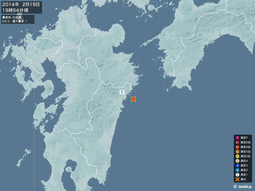 地震情報 2014年02月19日 19時54分頃発生 最大震度：1 震源地：日向灘(拡大画像)
