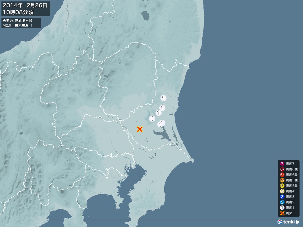 地震情報 2014年02月26日 10時08分頃発生 最大震度：1 震源地：茨城県南部(拡大画像)