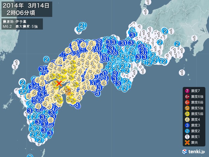 地震情報 2014年03月14日 02時06分頃発生 最大震度 5強 震源地 伊予灘 日本気象協会 Tenki Jp