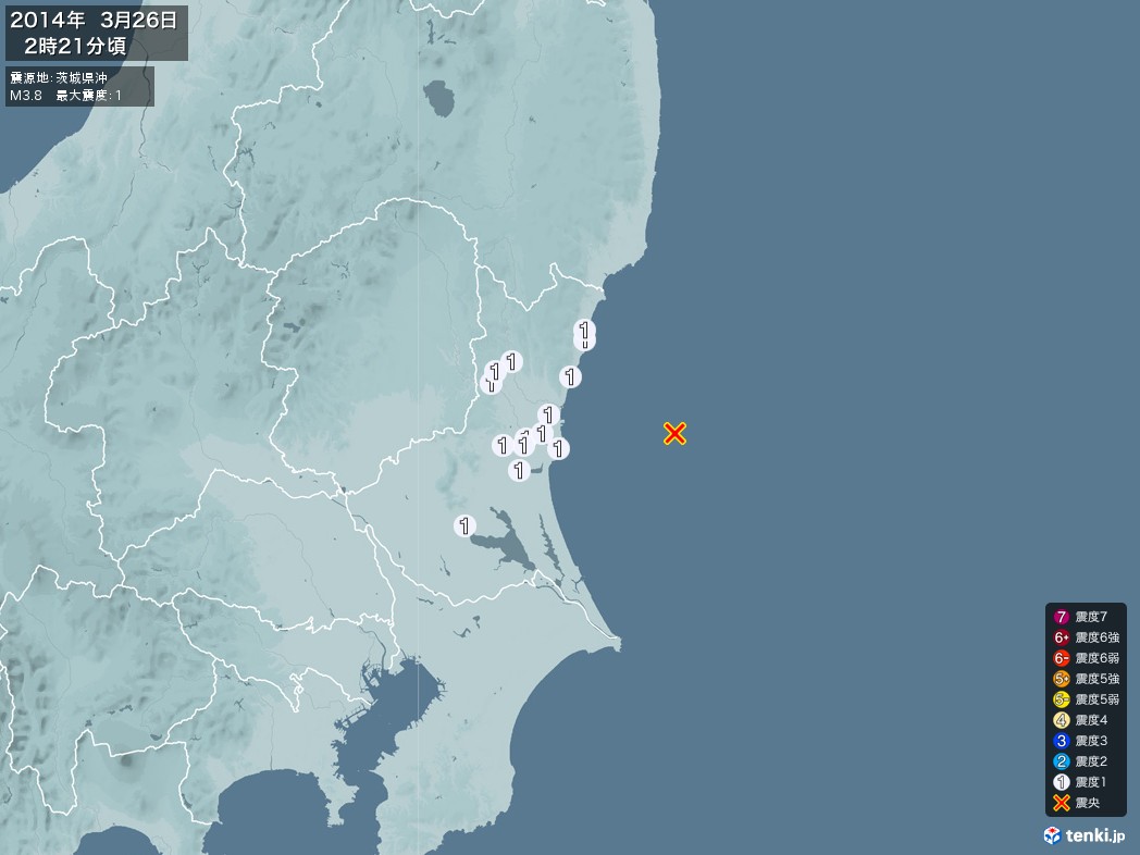 地震情報 2014年03月26日 02時21分頃発生 最大震度：1 震源地：茨城県沖(拡大画像)
