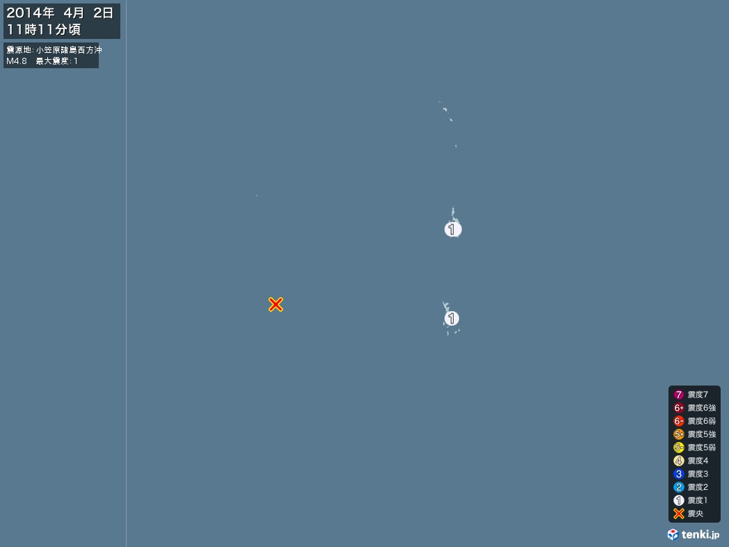 地震情報 2014年04月02日 11時11分頃発生 最大震度：1 震源地：小笠原諸島西方沖(拡大画像)