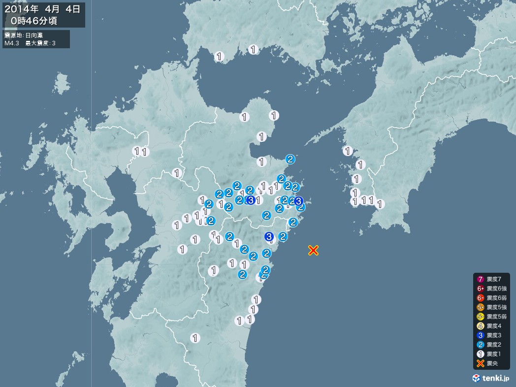 地震情報 2014年04月04日 00時46分頃発生 最大震度：3 震源地：日向灘(拡大画像)
