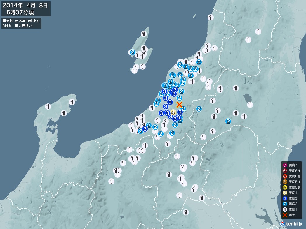 地震情報 2014年04月08日 05時07分頃発生 最大震度：4 震源地：新潟県中越地方(拡大画像)