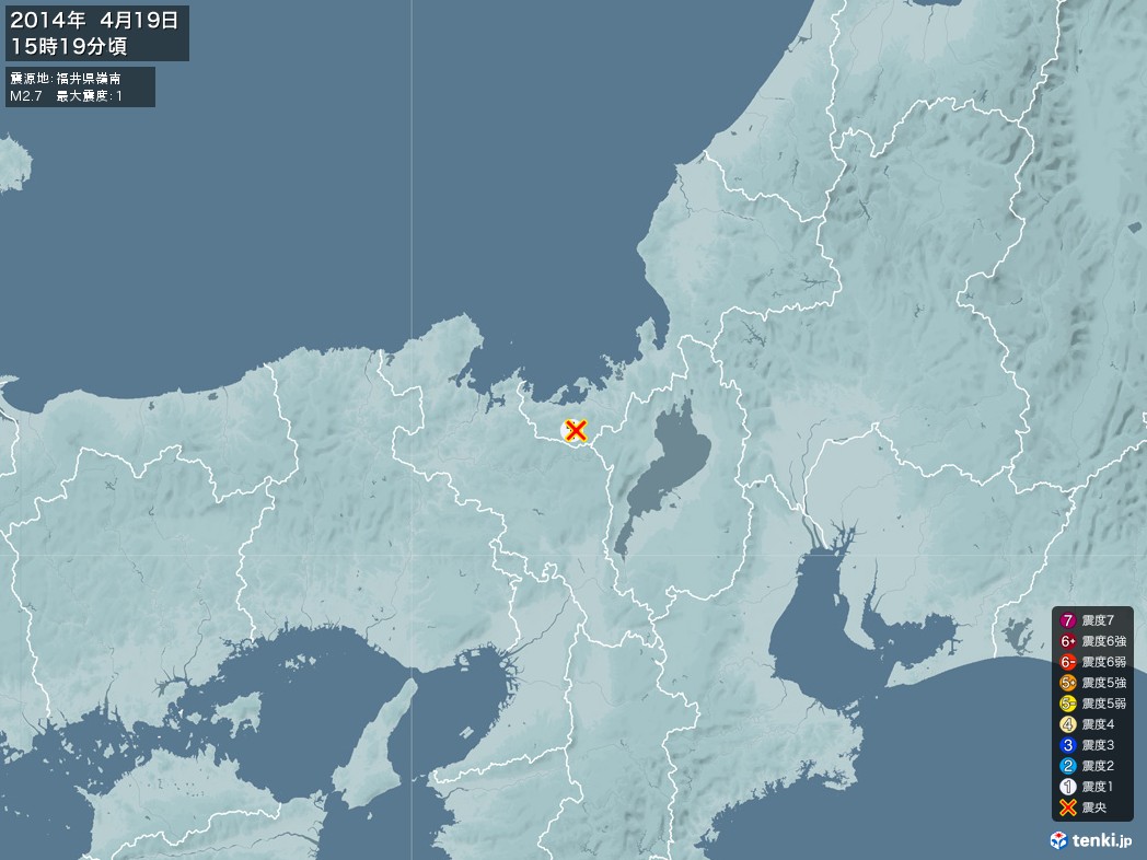 地震情報 2014年04月19日 15時19分頃発生 最大震度：1 震源地：福井県嶺南(拡大画像)