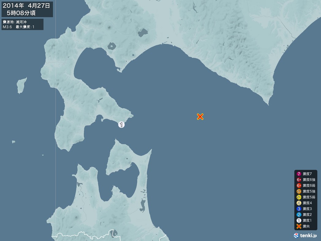 地震情報 2014年04月27日 05時08分頃発生 最大震度：1 震源地：浦河沖(拡大画像)