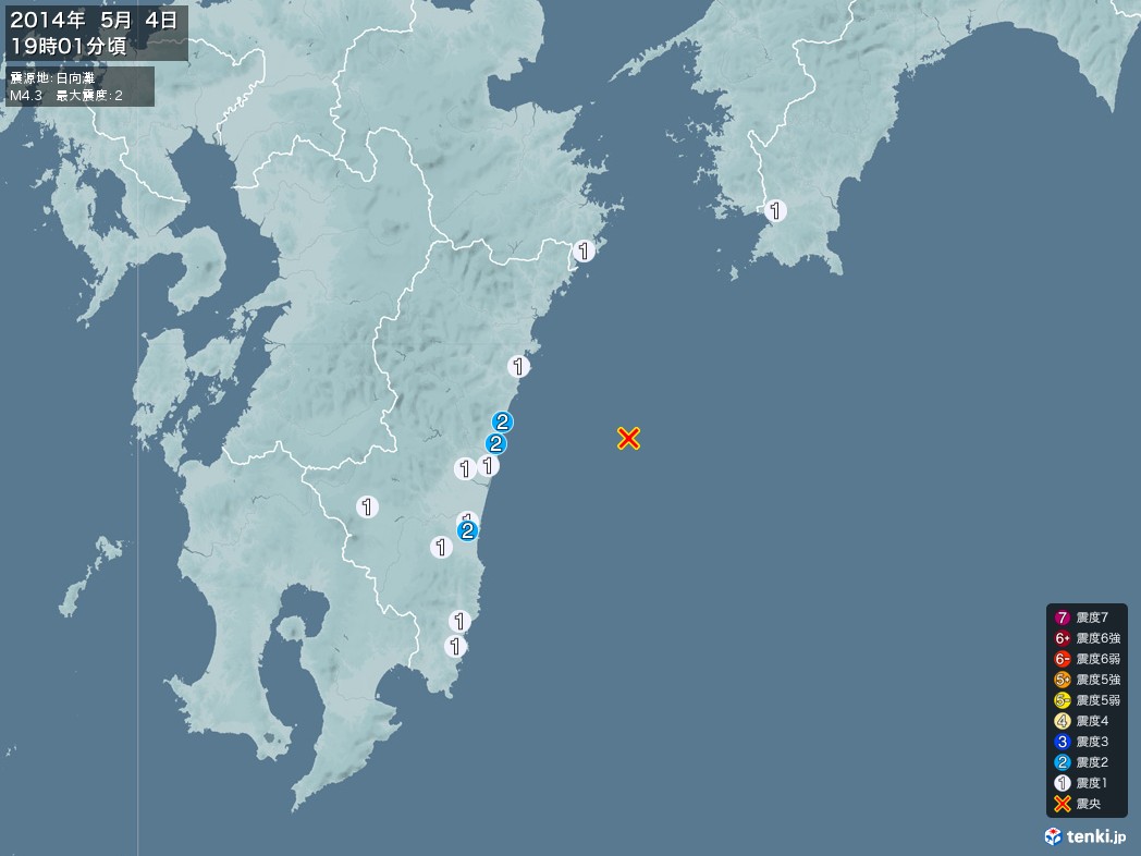 地震情報 2014年05月04日 19時01分頃発生 最大震度：2 震源地：日向灘(拡大画像)