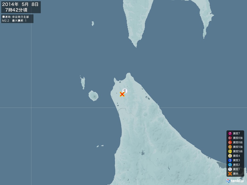 地震情報 2014年05月08日 07時42分頃発生 最大震度：1 震源地：宗谷地方北部(拡大画像)