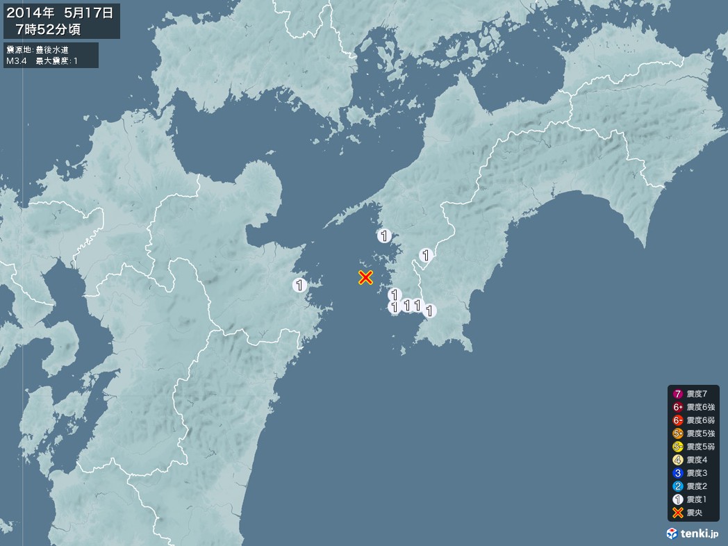 地震情報 2014年05月17日 07時52分頃発生 最大震度：1 震源地：豊後水道(拡大画像)