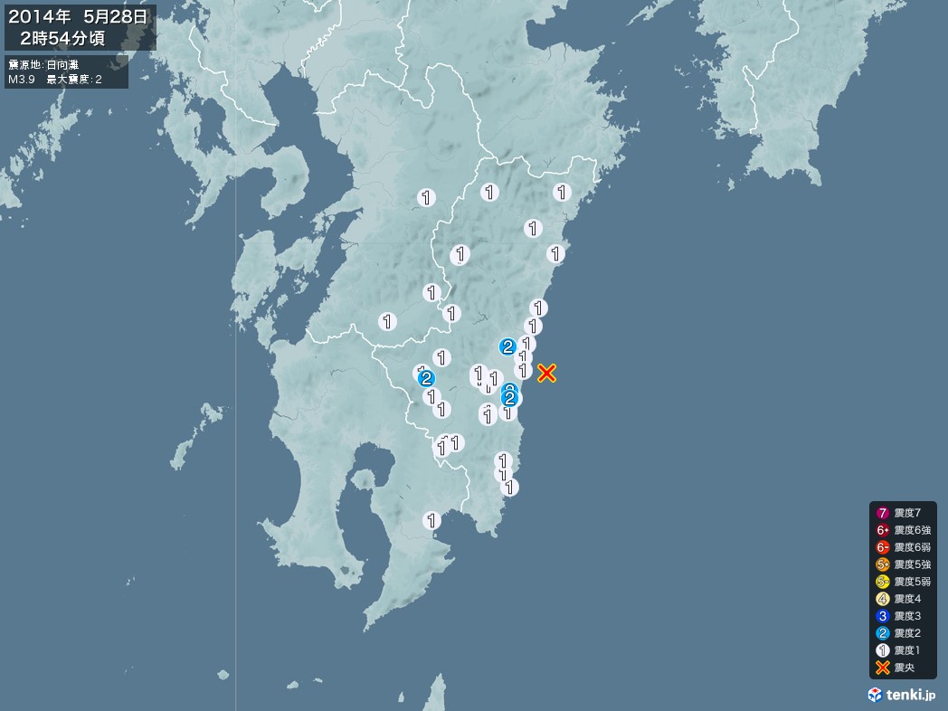 地震情報 2014年05月28日 02時54分頃発生 最大震度：2 震源地：日向灘(拡大画像)