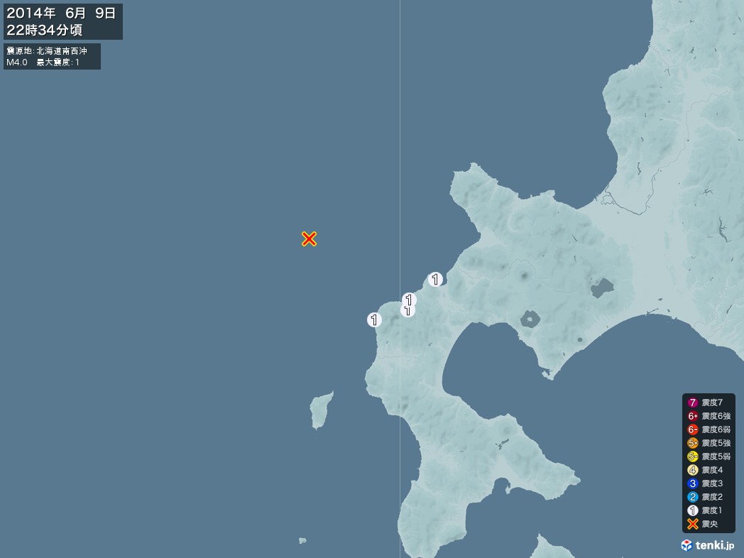 地震情報 2014年06月09日 22時34分頃発生 最大震度：1 震源地：北海道南西沖(拡大画像)