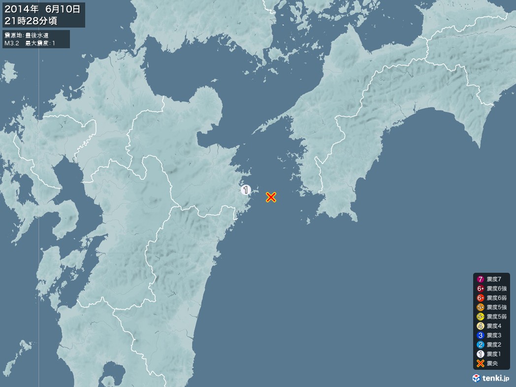 地震情報 2014年06月10日 21時28分頃発生 最大震度：1 震源地：豊後水道(拡大画像)