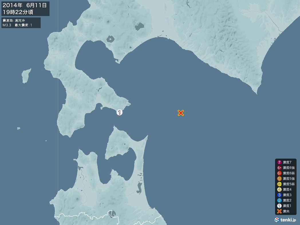 地震情報 2014年06月11日 19時22分頃発生 最大震度：1 震源地：浦河沖(拡大画像)