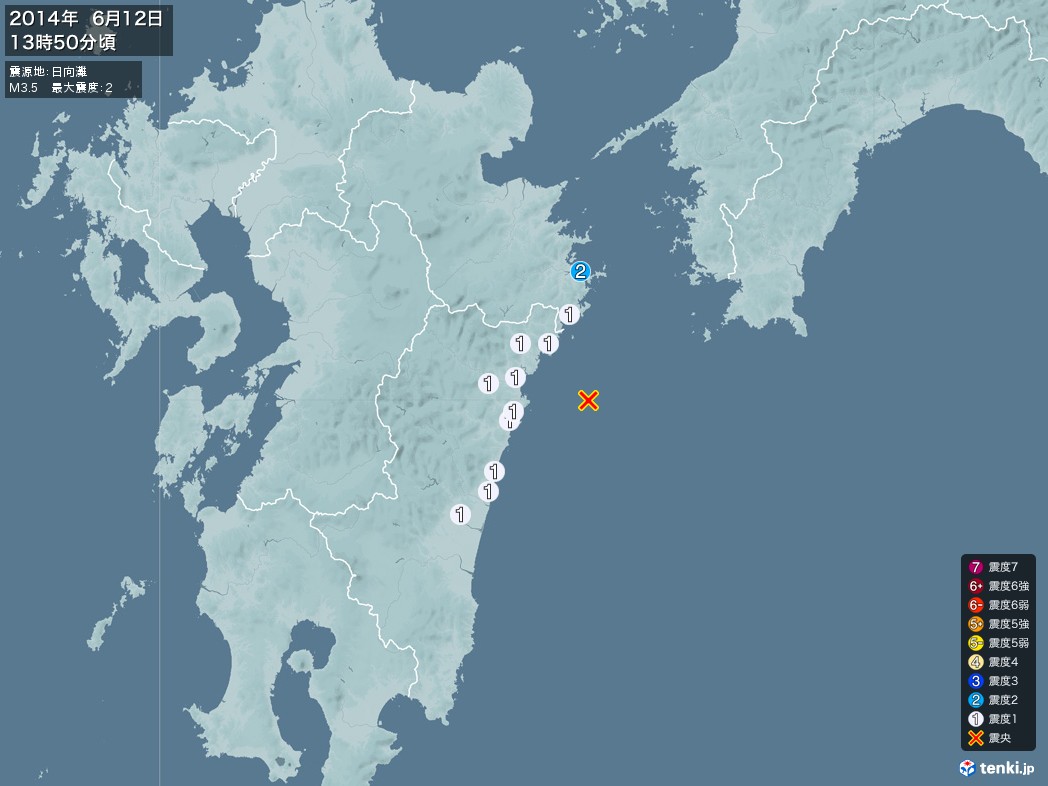 地震情報 2014年06月12日 13時50分頃発生 最大震度：2 震源地：日向灘(拡大画像)