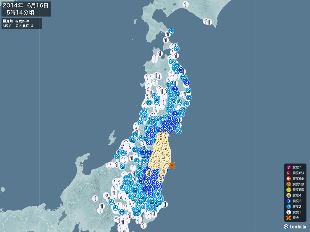 地震情報 2014年06月16日 05時14分頃発生 最大震度：4 震源地：福島県沖(拡大画像)