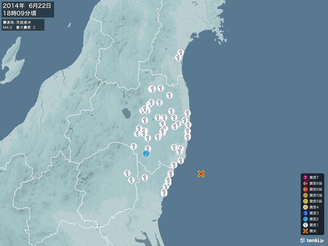地震情報 2014年06月22日 18時09分頃発生 最大震度：2 震源地：茨城県沖(拡大画像)