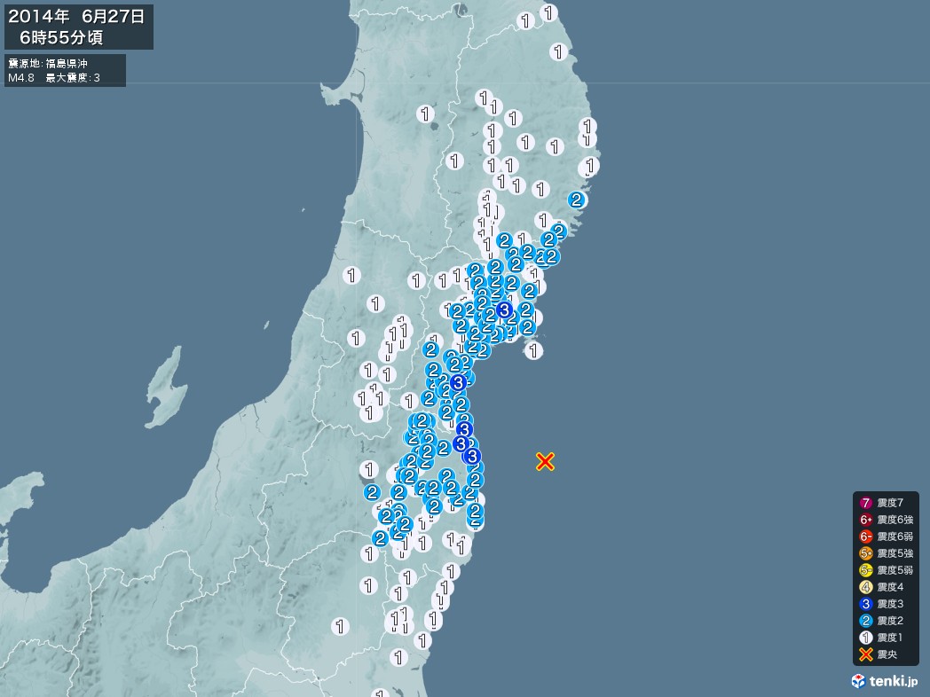地震情報 2014年06月27日 06時55分頃発生 最大震度：3 震源地：福島県沖(拡大画像)