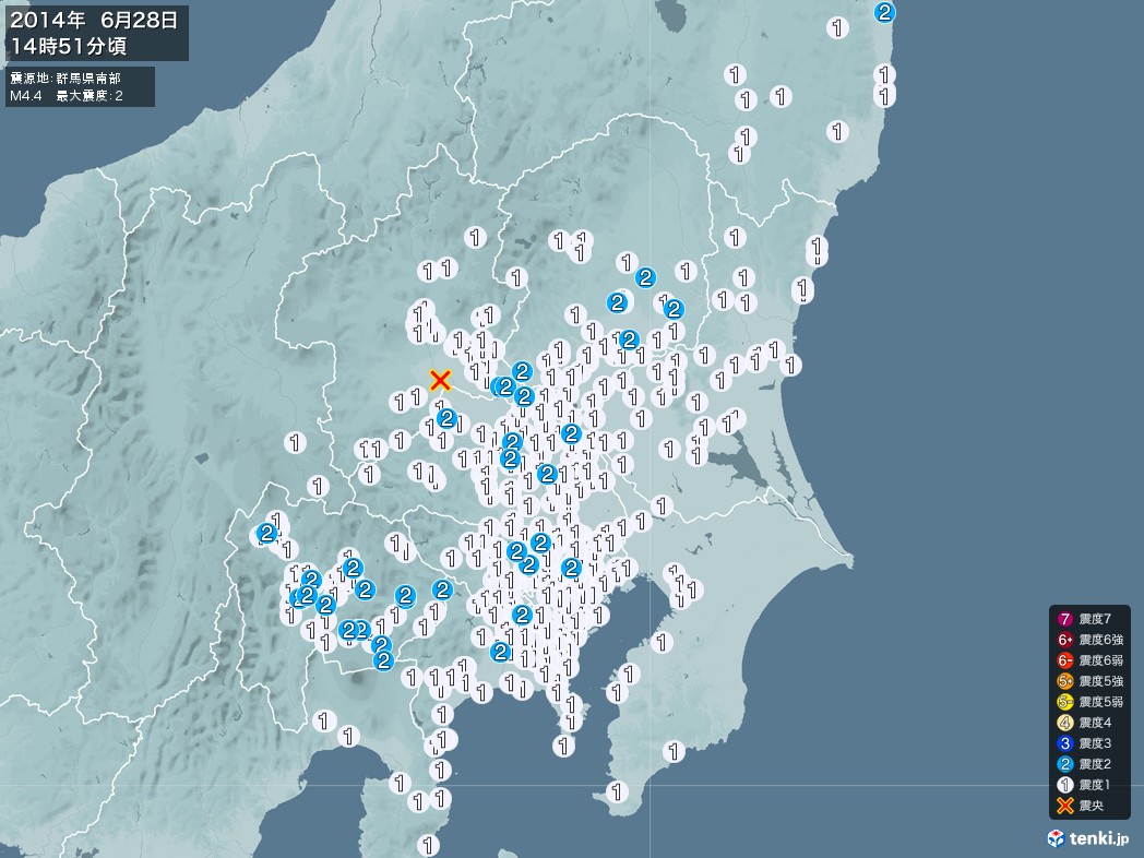 地震情報 2014年06月28日 14時51分頃発生 最大震度：2 震源地：群馬県南部(拡大画像)