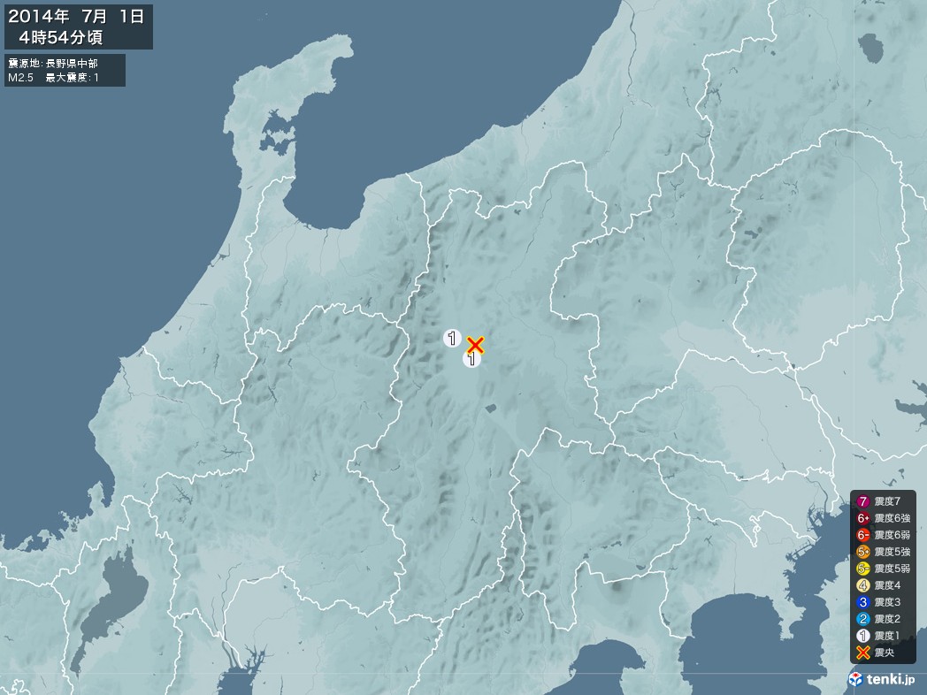 地震情報 2014年07月01日 04時54分頃発生 最大震度：1 震源地：長野県中部(拡大画像)