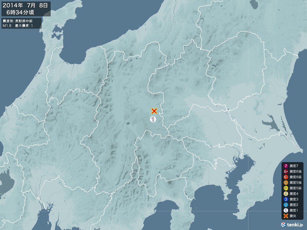 地震情報 2014年07月08日 06時34分頃発生 最大震度：1 震源地：長野県中部(拡大画像)