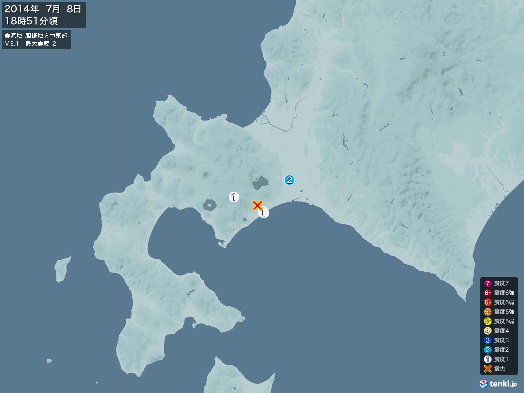 地震情報 2014年07月08日 18時51分頃発生 最大震度：2 震源地：胆振地方中東部(拡大画像)