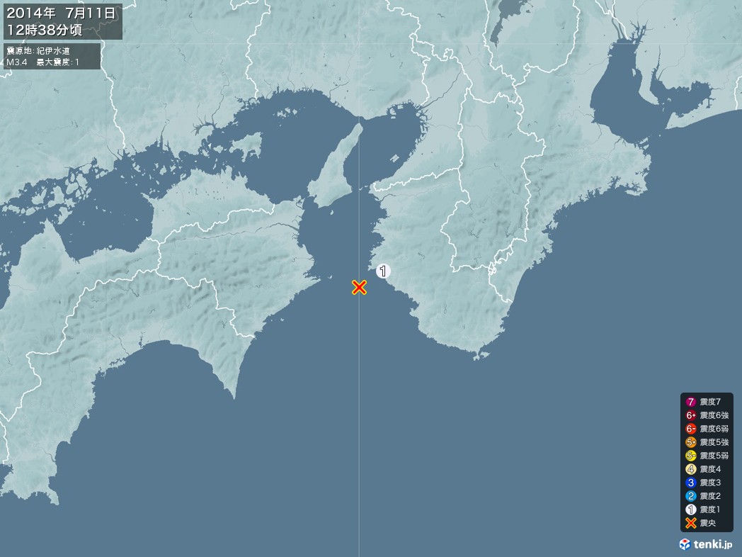地震情報 2014年07月11日 12時38分頃発生 最大震度：1 震源地：紀伊水道(拡大画像)