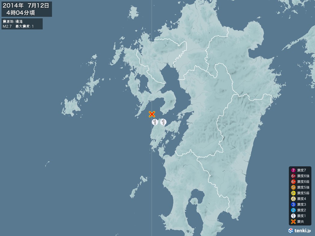 地震情報 2014年07月12日 04時04分頃発生 最大震度：1 震源地：橘湾(拡大画像)