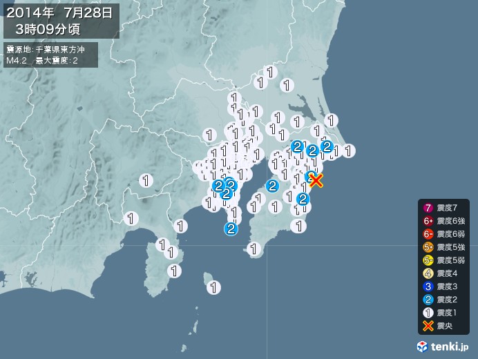 地震情報(2014年07月28日03時09分発生)