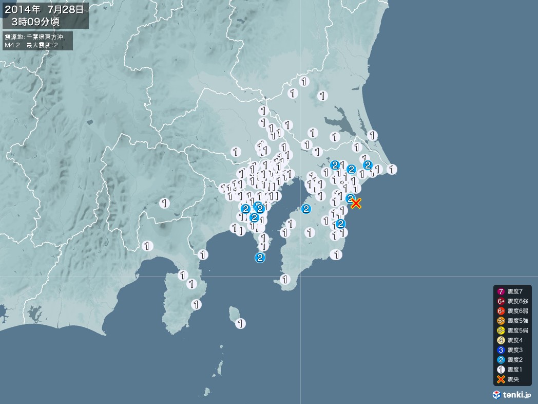 地震情報 2014年07月28日 03時09分頃発生 最大震度：2 震源地：千葉県東方沖(拡大画像)