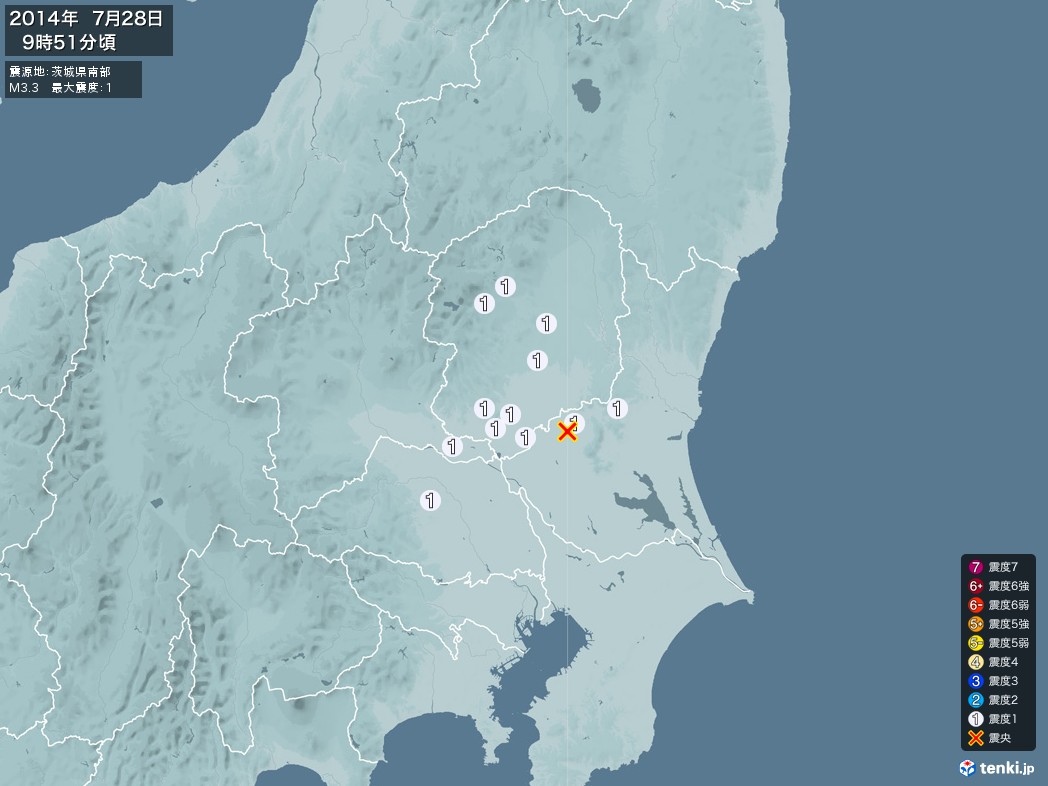 地震情報 2014年07月28日 09時51分頃発生 最大震度：1 震源地：茨城県南部(拡大画像)