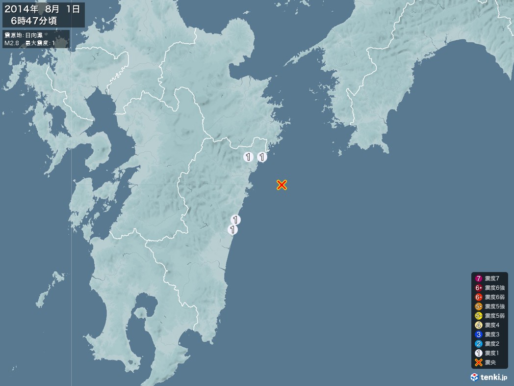 地震情報 2014年08月01日 06時47分頃発生 最大震度：1 震源地：日向灘(拡大画像)